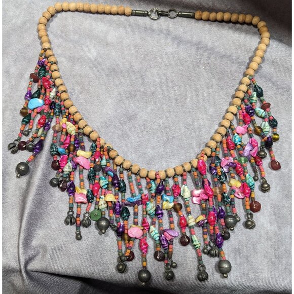 Vintage Mermaidcore Rainbow Artisan Crafted Wood And Shell Fringe Necklace - Picture 6 of 6